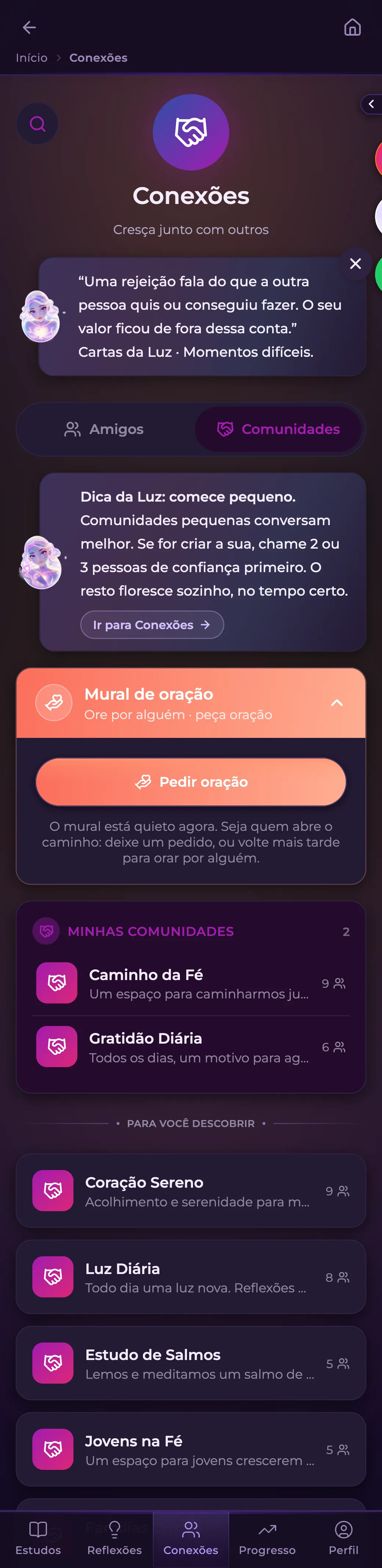 Comunidades no app Luz AI