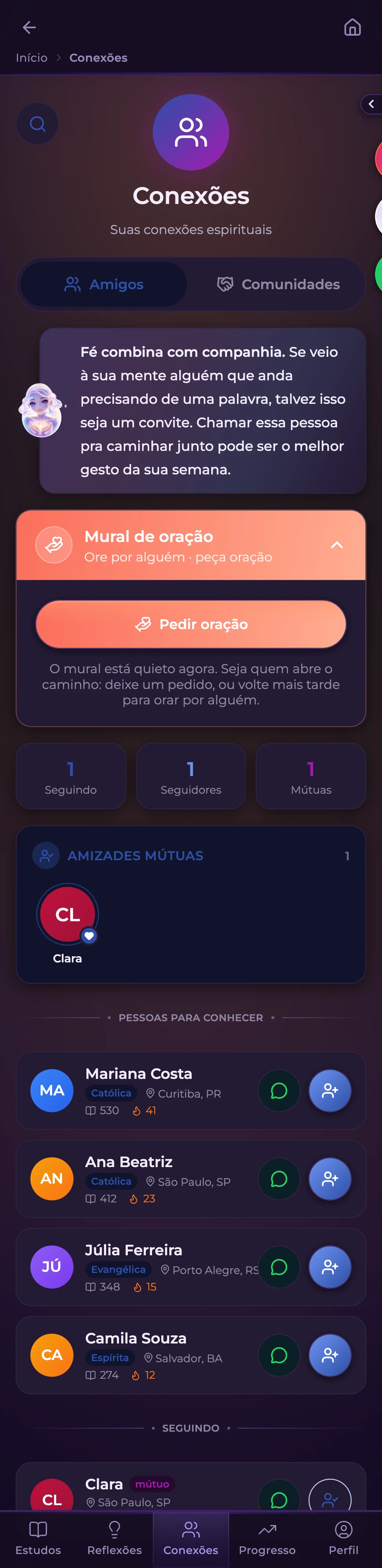 Conexões & Mensagens no app Luz AI