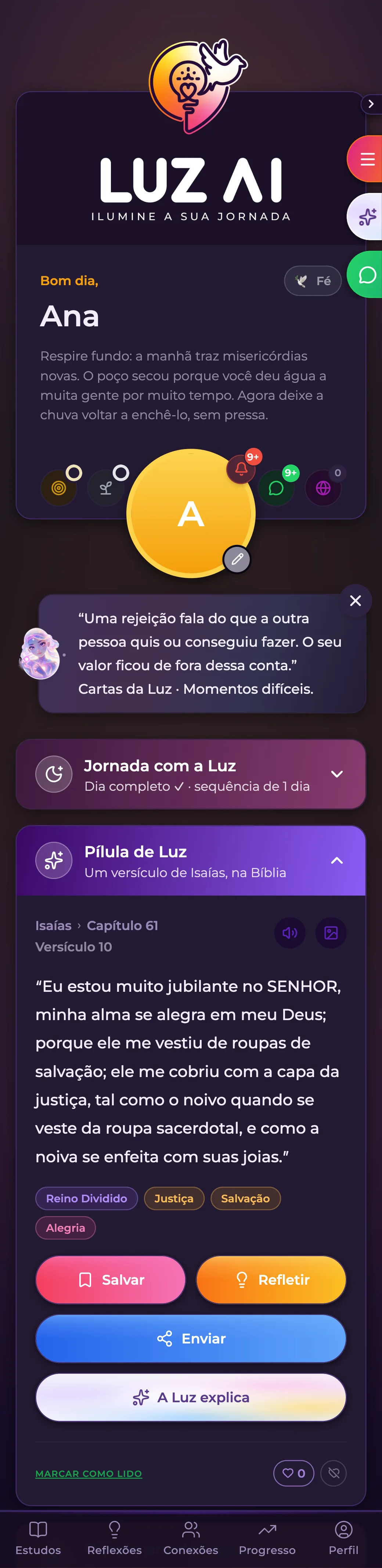 Jornada com a Luz no app Luz AI: Dormir em paz, com o dia entregue