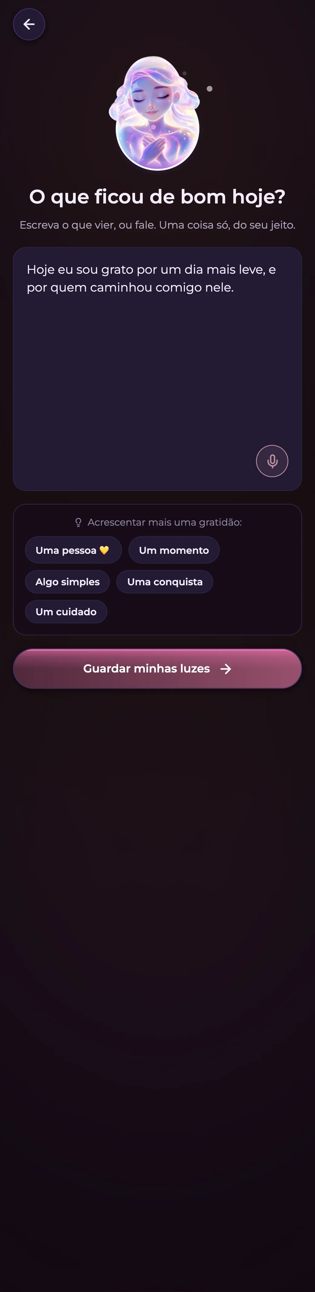 Jornada com a Luz no app Luz AI: guardando a gratidão do dia
