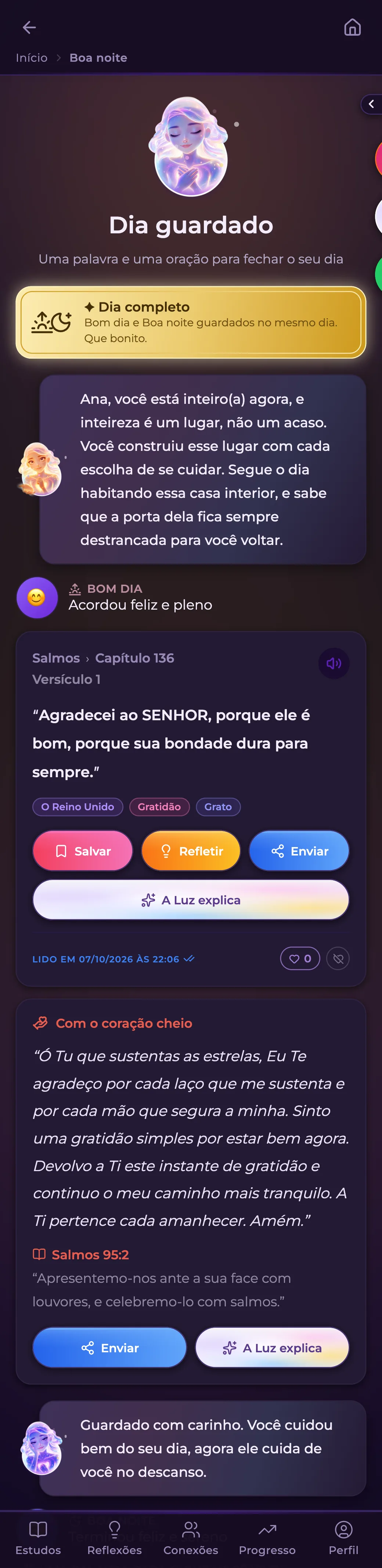 Jornada com a Luz no app Luz AI: o dia guardado, Bom dia e Boa noite completos