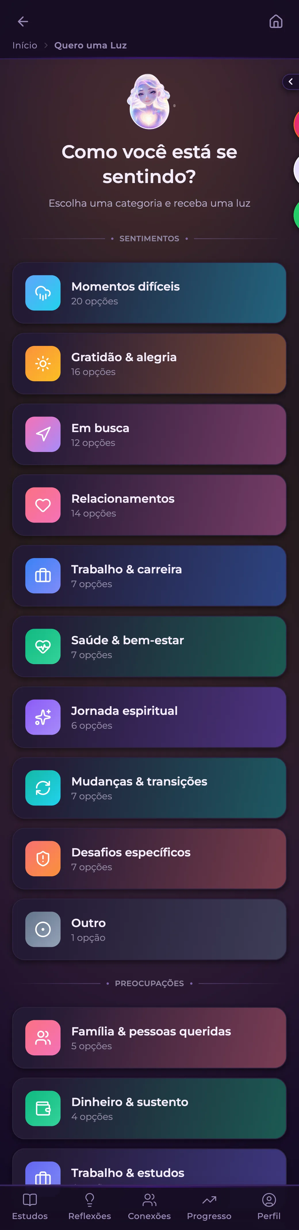 Orações & palavras no app Luz AI: Para a hora em que aperta