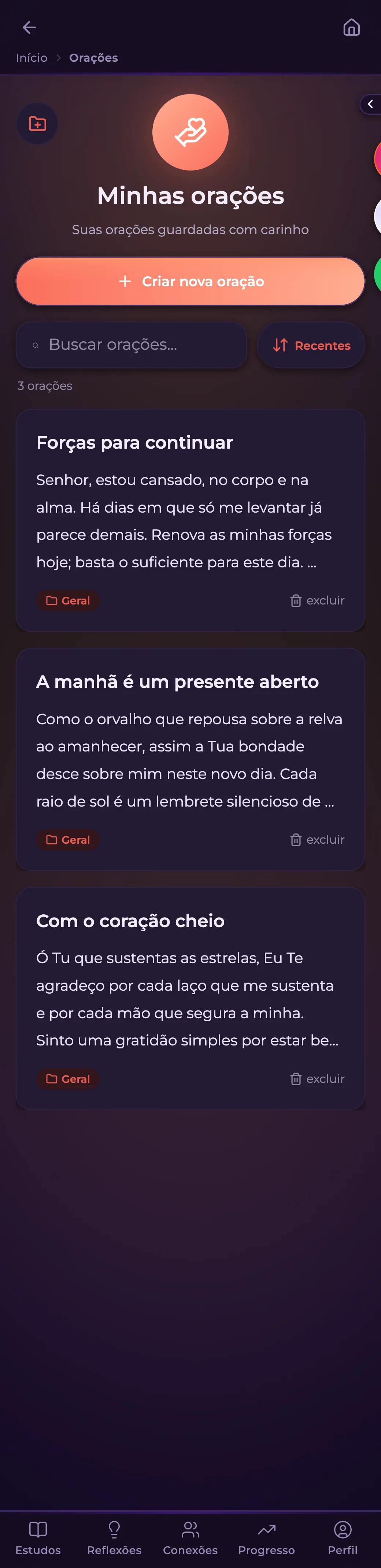Orações & palavras no app Luz AI