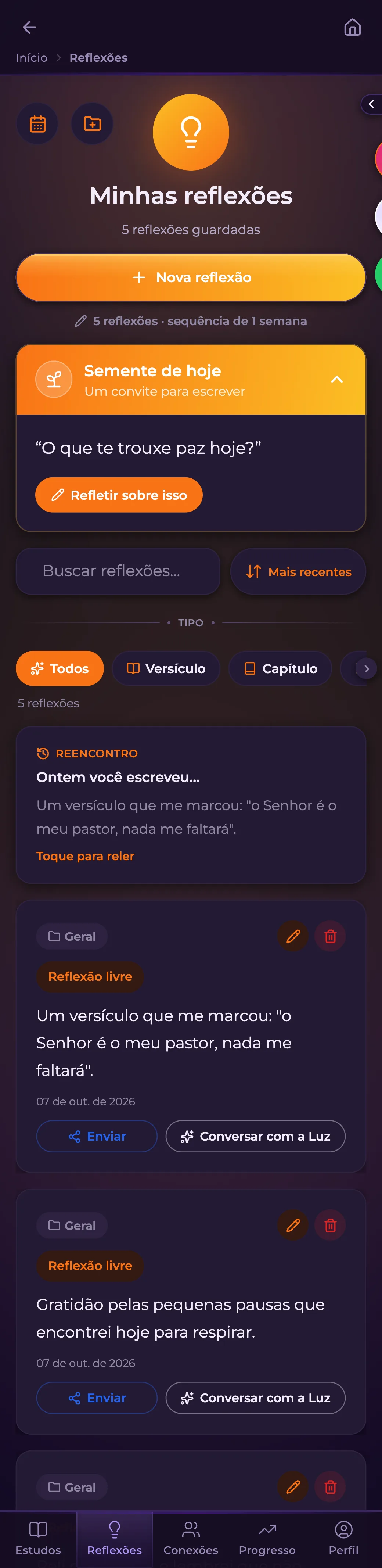 Reflexões & Gratidão no app Luz AI